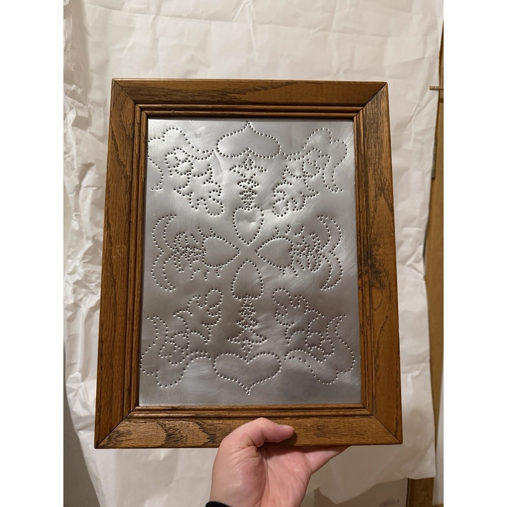 vintage framed punched tin wall art